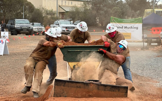 Members of the Missouri S&T men’s mucking team took sixth place in the 45th Intercollegiate Mining Competition. The team is shown here participating in the hand mucking event. Photo by Melodie Wilcox.