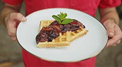 Ein Teller angerichtet mit veganen Waffeln und Zwetschgenkompott