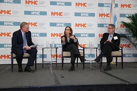 NMHC COO Kenny Emson (left) discusses impact investing with Afsaneh Beschloss (center), founder and CEO of 
RockCreek, and Jonathan Rose (right), president of Jonathan Rose Companies, during the 2019 NMHC Spring Board of Directors Meeting.