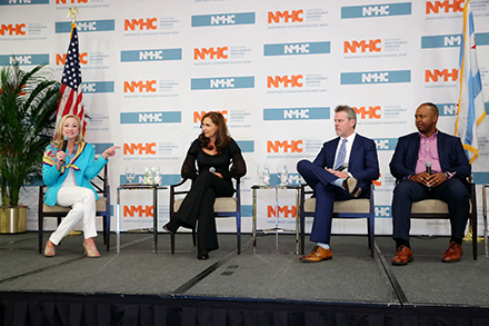 Led by The Quadrillion&rsquo;s Debbie Phillips (left), Tracy Bowers from Pollack Shores, Rob Presley from 
Gables Residential and Vince Toye from Wells Fargo (left to right) discuss finding and nurturing industry talent during the 2019 NMHC Spring Board of Directors Meeting.