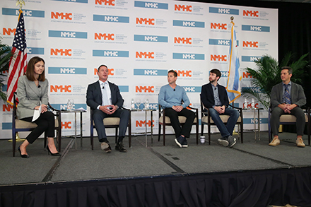 During the 2019 NMHC Spring Board of Directors Meeting, Waterton&rsquo;s Lela Cirjakovic (left) moderates a panel 
on co-living with (from left to right), Noah Gottlieb of X-Social Communities, Brad Hargreaves of Common, and Greg Gould of Quarters, Christopher Bledsoe of Ollie.