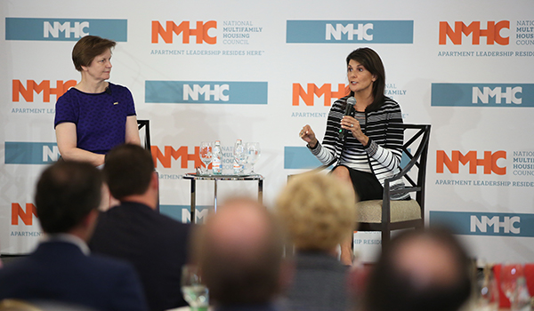 Former Ambassador Nikki Haley sits down with NMHC Chairwoman Sue Ansel of 
Gables.