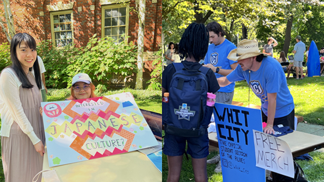 On the left: Two students holding a sign with the text ''Interested in Japanese Culture?''; On the right, students visit a table with a ''Whit City'' sign.