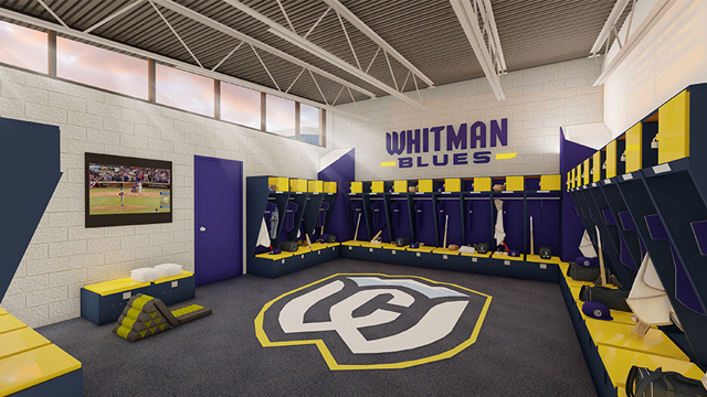 An artist rendering of a room with white block walls and blue and yellow lockers. 