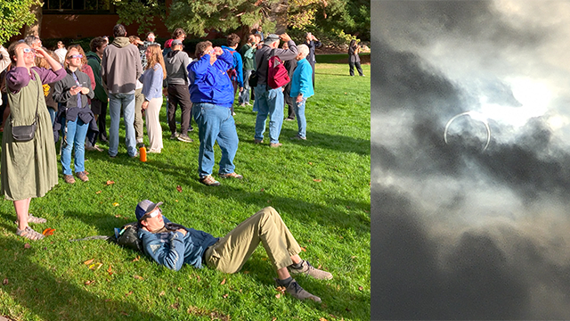 On the left, a group of people wearing protective eyewear. On the right a view of the solar eclipse seen through cloud cover.