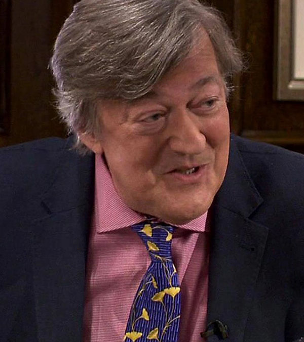 Stephen Fry wears Enamel Gingko silk tie by Fox & Chave