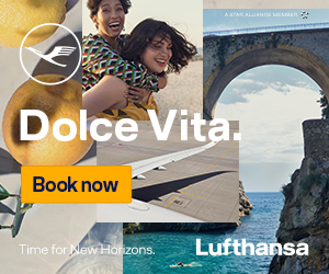 Lufthansa advertisement. Dolce Vita. Book now. Time for new horizons.