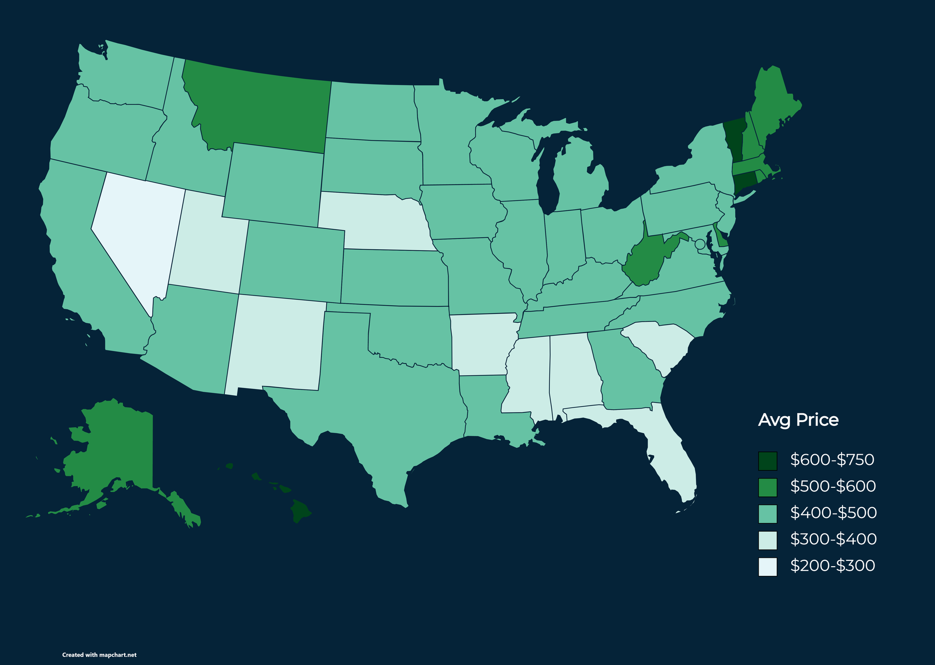Map of the United States of America showing home inspection costs for each state