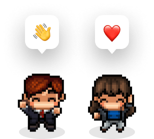 Two happy avatars from Gather, a male and female, standing side by side. One has a speech bubble with a hand waving emoji. The female avatar has a Heart emoji hovered over her head.