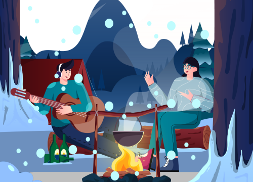 Two Illustrated characters together in the winter wilderness, camping together.