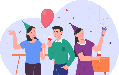 A flat illustration of three human figures together, with several party accessories to celebrate the New Year.