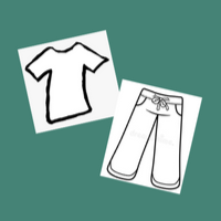 Green square with white graphics of a t-shirt and jeans.