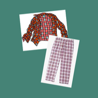 Green square with a flannel shirt and flannel pants on white background.