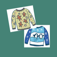 Green Square with a graphic of a gingerbread and a graphic of two penguins on ugle sweaters.