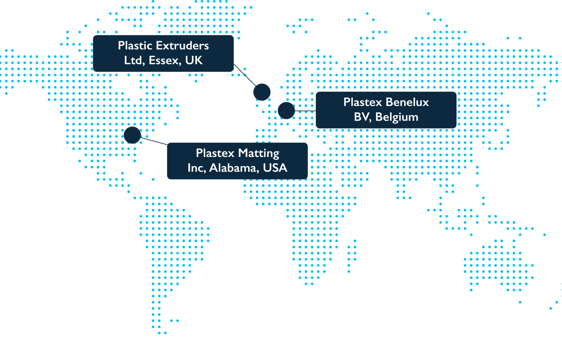 Map of Plastex locations in Alabama, Essex and Belgium.