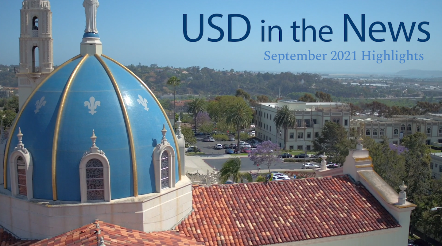 Drone photo of campus with text saying USD in the News