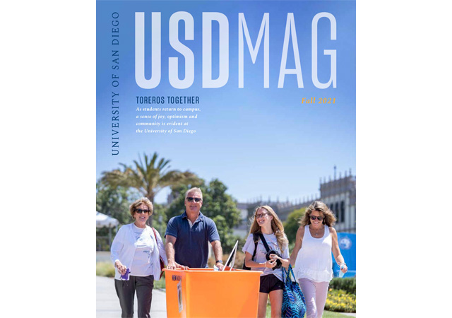 Front cover of the Fall 2021 USD Magazine showing student with family members moving in