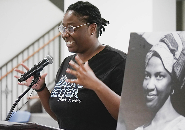 Kaia Morrison, a fourth-year computer science major and president of the USD Black Student Union, speaks at the Sister Thea Bowman Plaza naming event.