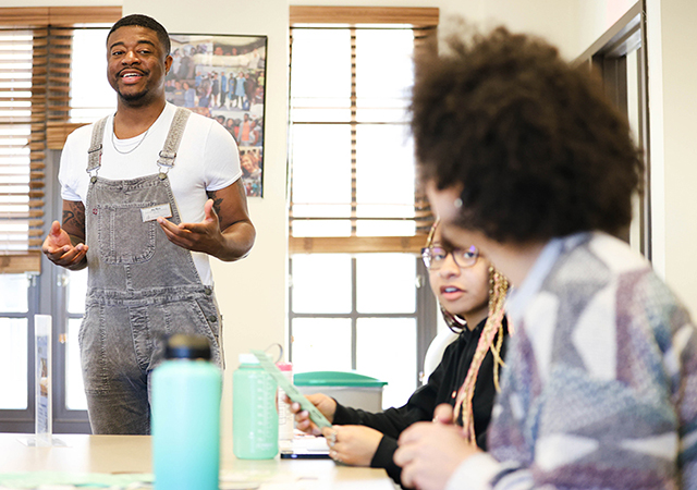 Jay Rice talks to students in the Black Student Resource Commons