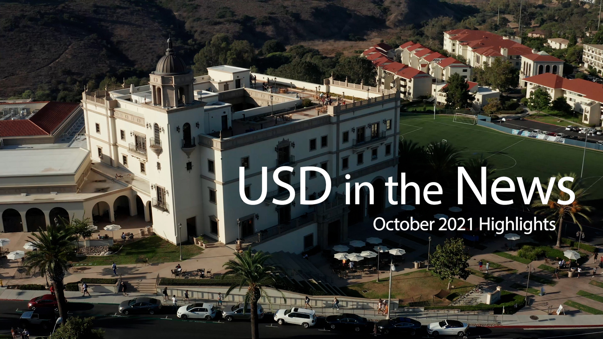 Drone photo of campus with text saying USD in the News