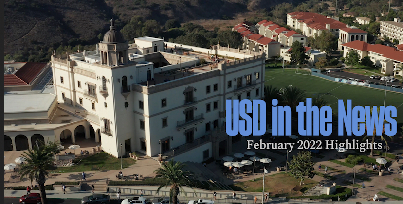 Drone photo of campus with text saying USD in the News