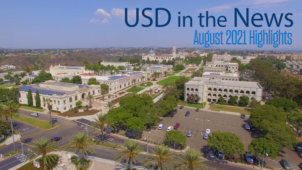 Drone photo of campus with text saying USD in the News