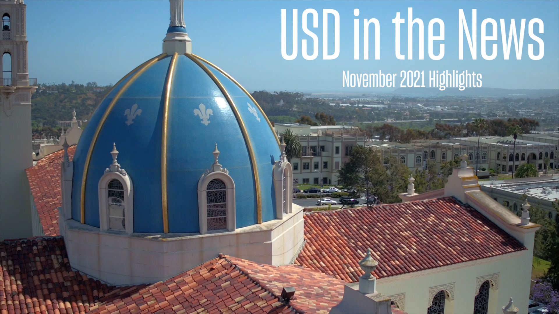 Drone photo of campus with text saying USD in the News