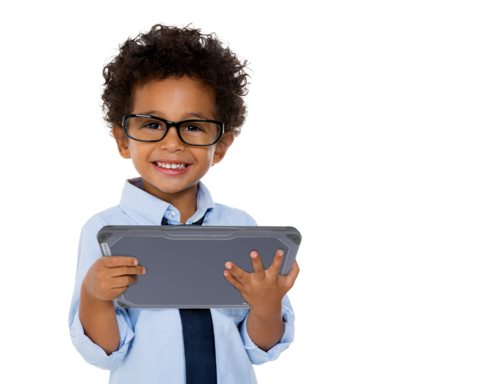 Little boy with curly hair and glasses holding a SlimTech Lenovo