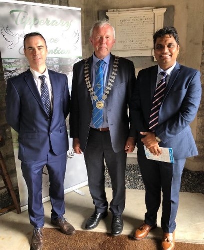 Attending the Ceremony of Reflection, pictured, were l-r: Ronan Bunting (TASK Community Care), Cathaoirleach Cllr. Roger Kennedy and Kuldeep Joshi (FICI)
