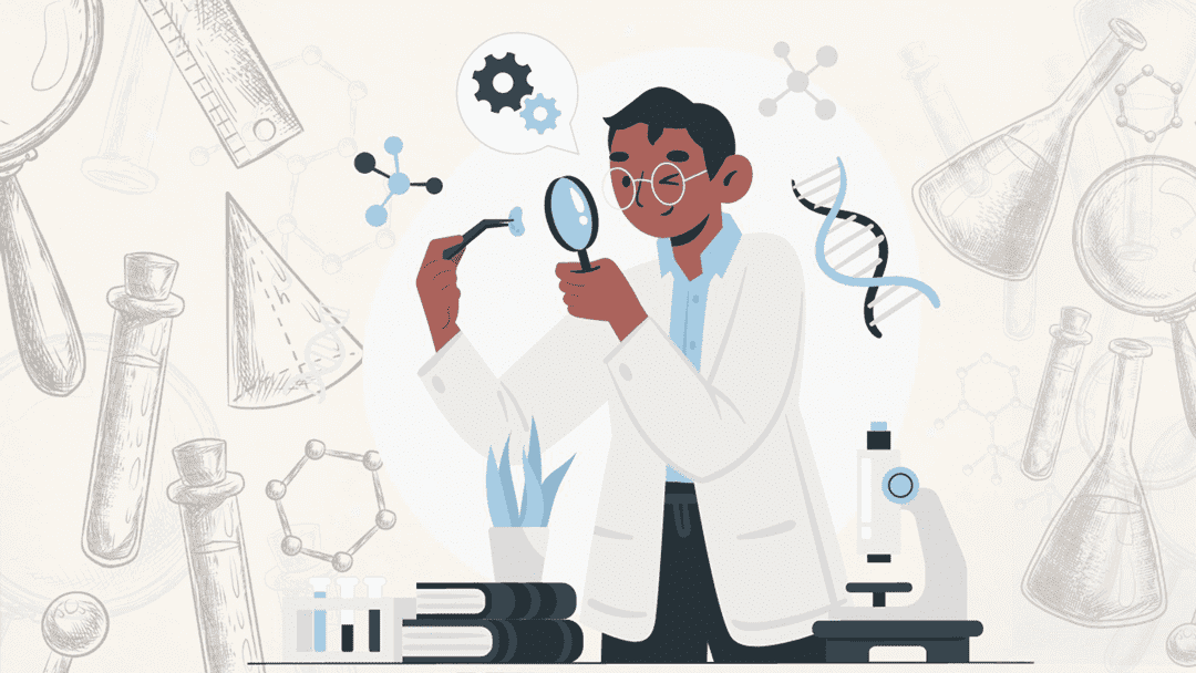 Imagem com ilustrações simbolizando um cientista e vários equipamentos de laboratório