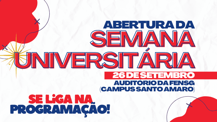 A abertura da Semana Universitária UPE 2023 será no dia 26 de setembro, no Auditório da Faculdade de Enfermagem Nossa Senhora das Graças (FENSG), Campus Santo Amaro. Confira a programação!