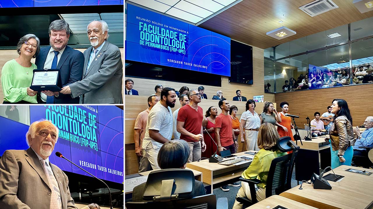 A reitora da UPE, Profª Socorro Cavalcanti, o diretor da FOP, Prof. Emanuel Dias e o vereador Tadeu Calheiros, durante o evento, que contou com a apresentação do grupo O Curió, do Conservatório Pernambucano de Música.