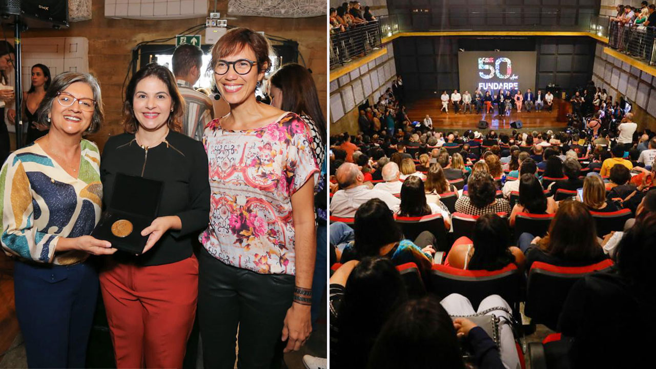 A reitora da UPE, Profª Socorro Cavalcanti, a vice-governadora de Pernambuco, Priscila Krause, e a professora da UPE Maria Lana Monteiro, durante o evento.