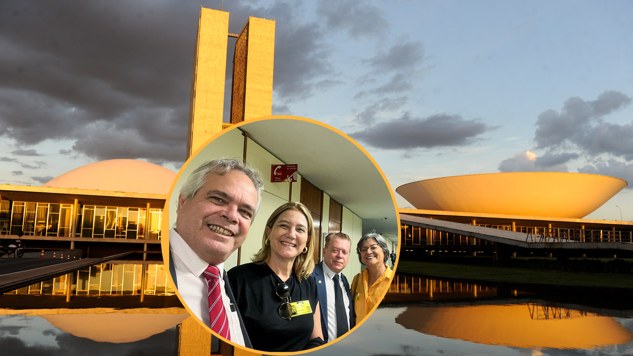 Imagem com fotos da Reitora da UPE, Profª Socorro Cavalcanti, do Vice-reitor, Prof. José Roberto Cavalcanti, da Vice-diretora da FOP, Priscila Prosini, do docente da FOP, Prof. Belmiro Vasconcelos, no corredor do Congresso Nacional em Brasília, e foto da fachada do Congresso Nacional.