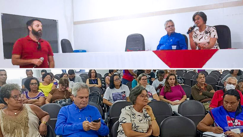 O presidente do SINDUPE, Ivo Costa, a reitora Maria do Socorro Cavalcanti, o vice-reitor José Roberto Cavalcanti e servidores da UPE durante a assembleia do sindicato.