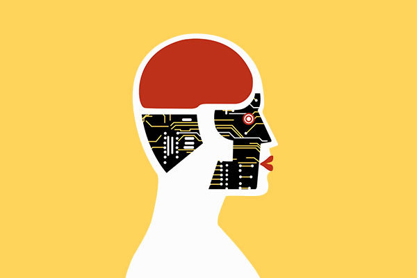 Illustration of a robot brain with a yellow background