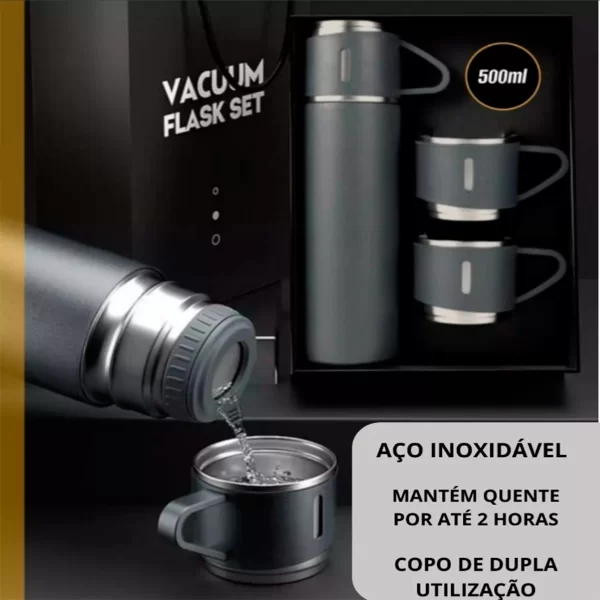 Kit Garrafa Térmica Vacuum Flask 500ml com 3 Xícaras e panelas