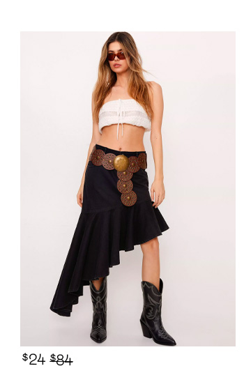 asymmetric fishtail hem denim maxi skirt