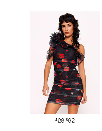 one shoulder ruffle detail floral dress