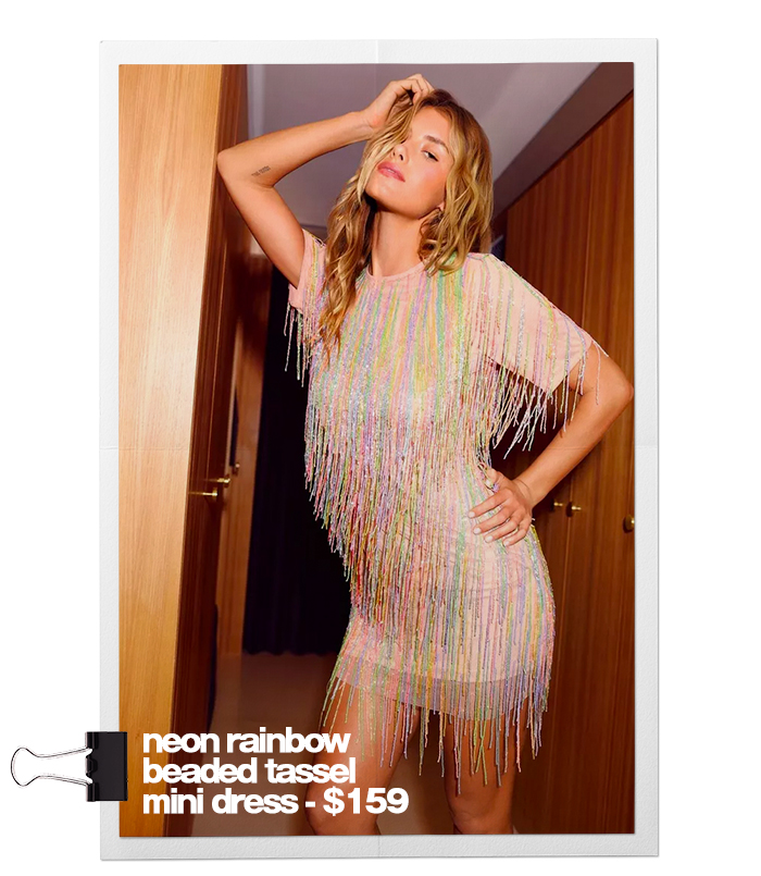 neon rainbow beaded tassel mini dress