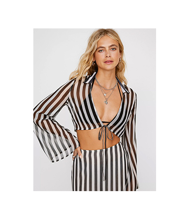 Sheer Stripe Tie Front Crop Top