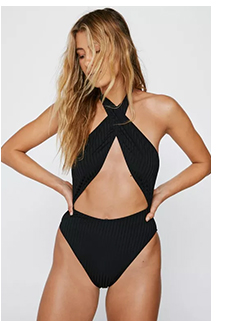 Ribbed Cut Out Halter Neck Swimsuit