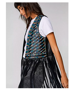 Real Leather Mirror Embellished Tassel Vest