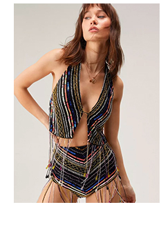 Sequin Stripe Tassel Beaded Vest