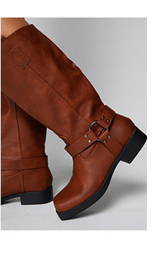 Faux Leather Buckle Detail Square Toe Knee High Boots