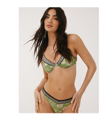 Palm Tree Border Print Studded Underwire Tie Back Bikini Set