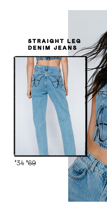 printed butterfly straight leg denim jeans