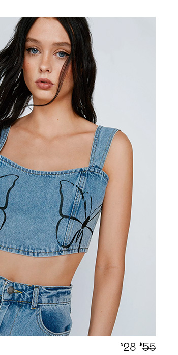 printed butterfly placement denim corset top