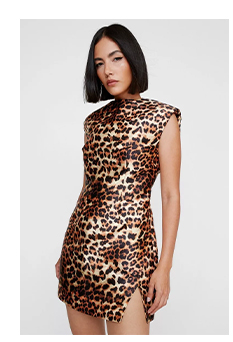 Leopard Structured Satin Shoulder Pad Side Split Mini Dress