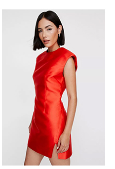 Structured Satin Shoulder Pad Side Split Dress